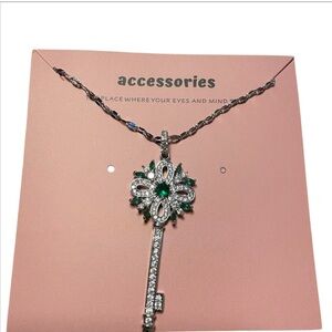 Silver Key Necklace with Green Gem